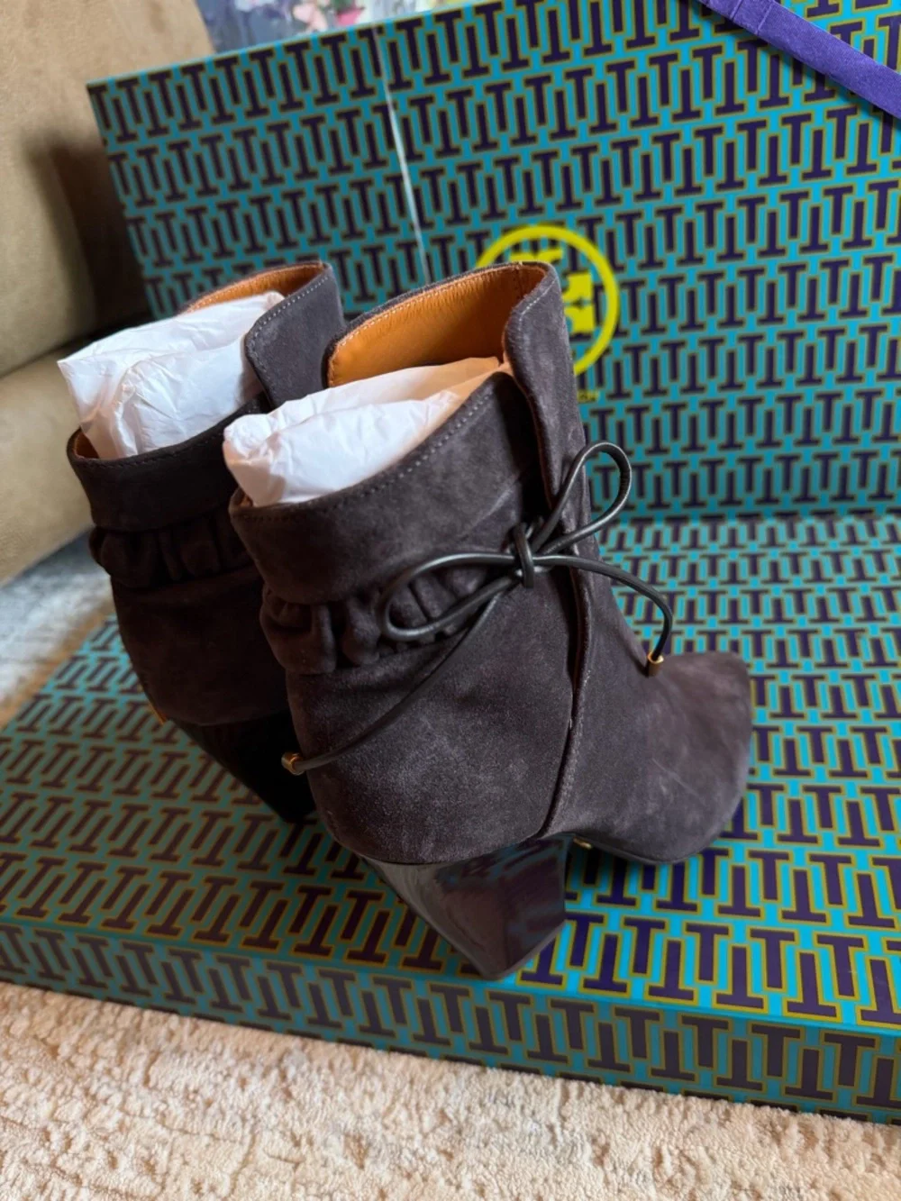 Tory Burch Lila Dark Gray Suede Ankle Bootie